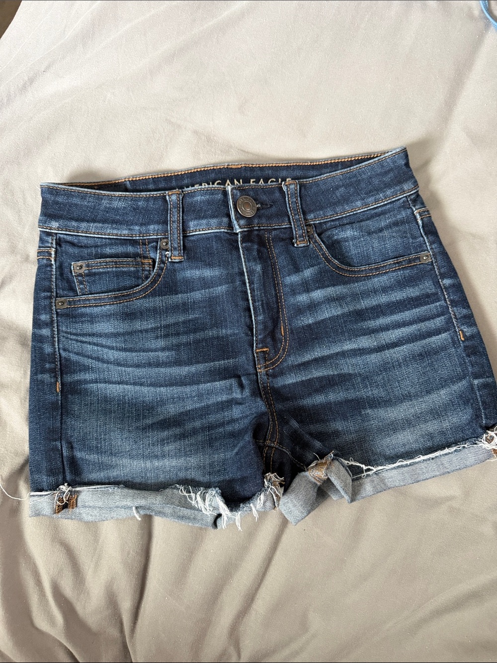 American Eagle Outfitters Dark Blue Frayed Hem Denim Shorts